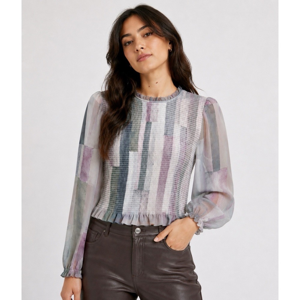 Aritzia Wilfred Tempest Chiffon Blouse Smocked Watercolor Cropped Coquette Large